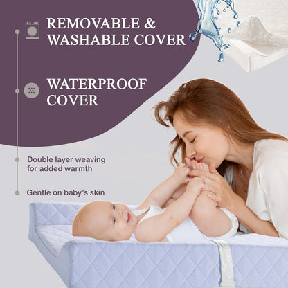 Organic Cotton Covered Contoured Baby Changing Pad | Waterproof Foam Mattress, Soft, Removable & Washable Cover, Safety Strap, Non-Slip Bottom, Topper for Standard Size Infant Diaper Table & Dresser