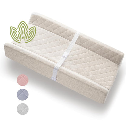 Organic Cotton Covered Contoured Baby Changing Pad | Waterproof Foam Mattress, Soft, Removable & Washable Cover, Safety Strap, Non-Slip Bottom, Topper for Standard Size Infant Diaper Table & Dresser