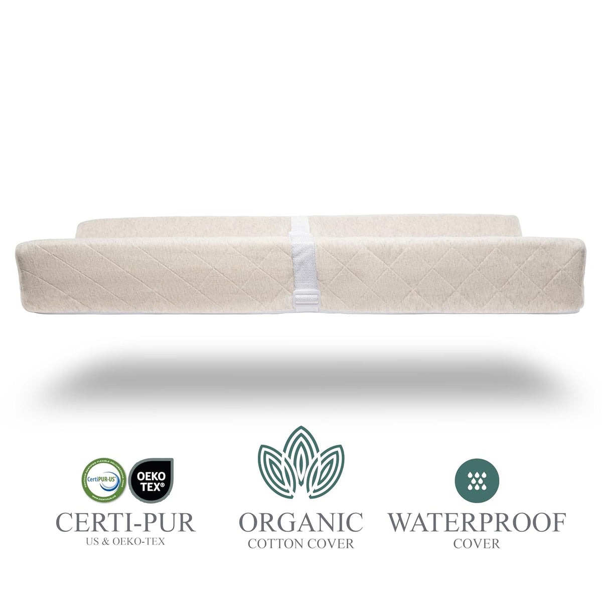 Organic Cotton Covered Contoured Baby Changing Pad | Waterproof Foam Mattress, Soft, Removable & Washable Cover, Safety Strap, Non-Slip Bottom, Topper for Standard Size Infant Diaper Table & Dresser