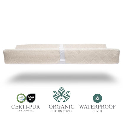 Organic Cotton Covered Contoured Baby Changing Pad | Waterproof Foam Mattress, Soft, Removable & Washable Cover, Safety Strap, Non-Slip Bottom, Topper for Standard Size Infant Diaper Table & Dresser