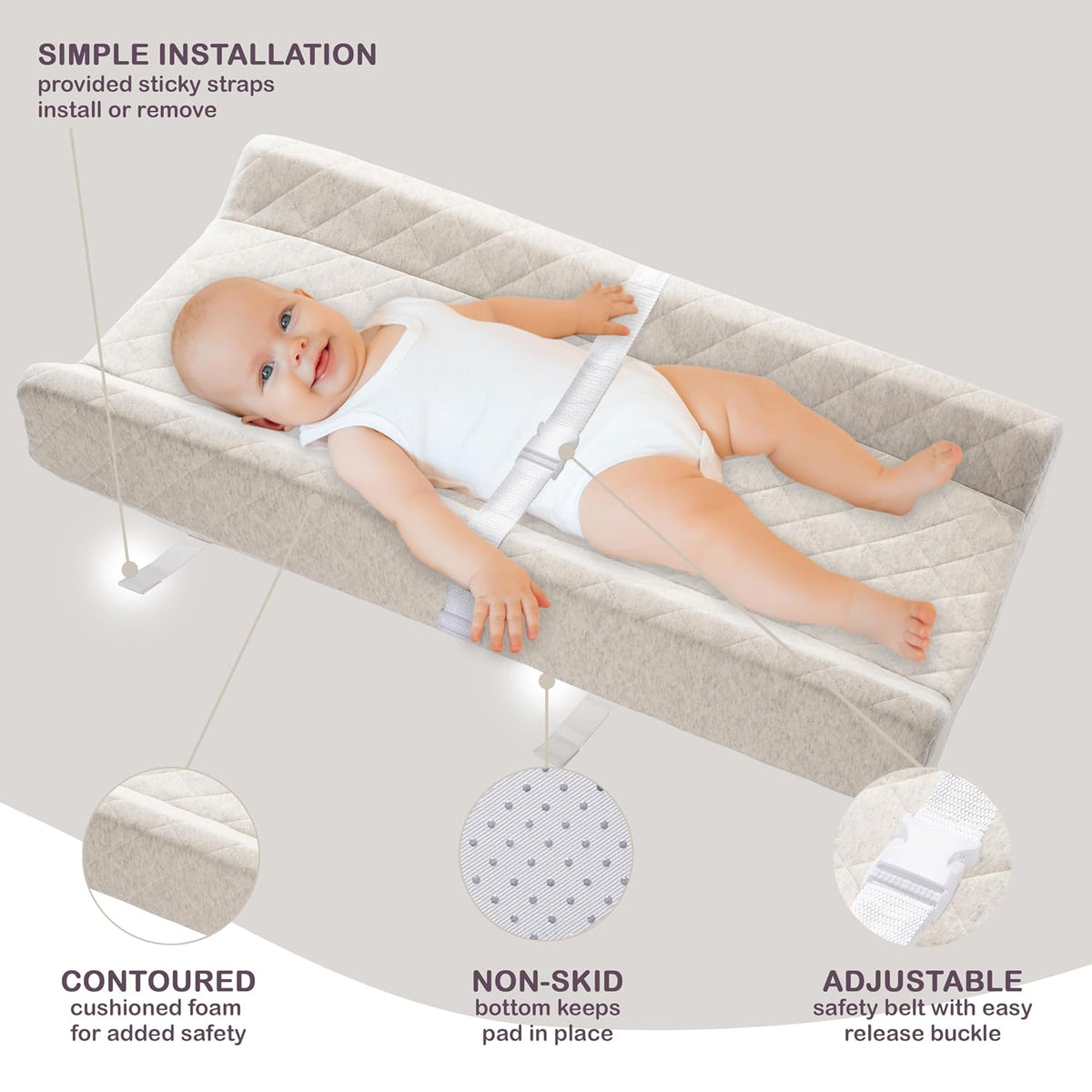 Organic Cotton Covered Contoured Baby Changing Pad | Waterproof Foam Mattress, Soft, Removable & Washable Cover, Safety Strap, Non-Slip Bottom, Topper for Standard Size Infant Diaper Table & Dresser