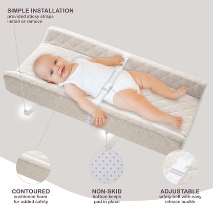 Organic Cotton Covered Contoured Baby Changing Pad | Waterproof Foam Mattress, Soft, Removable & Washable Cover, Safety Strap, Non-Slip Bottom, Topper for Standard Size Infant Diaper Table & Dresser