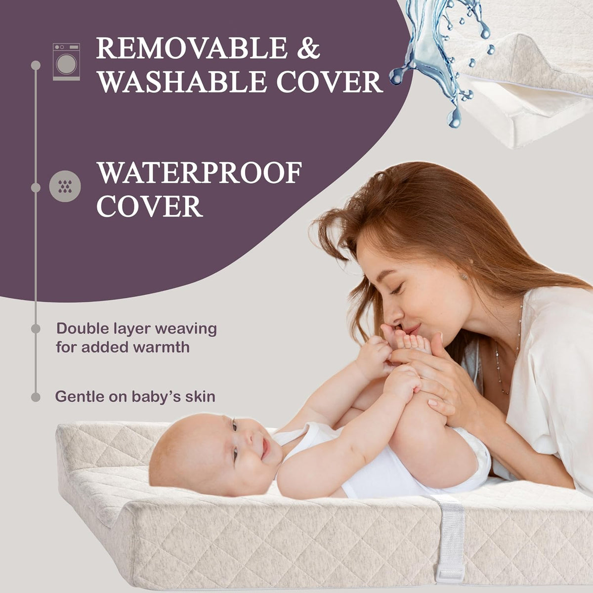 Organic Cotton Covered Contoured Baby Changing Pad | Waterproof Foam Mattress, Soft, Removable & Washable Cover, Safety Strap, Non-Slip Bottom, Topper for Standard Size Infant Diaper Table & Dresser