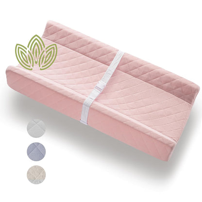 Organic Cotton Covered Contoured Baby Changing Pad | Waterproof Foam Mattress, Soft, Removable & Washable Cover, Safety Strap, Non-Slip Bottom, Topper for Standard Size Infant Diaper Table & Dresser