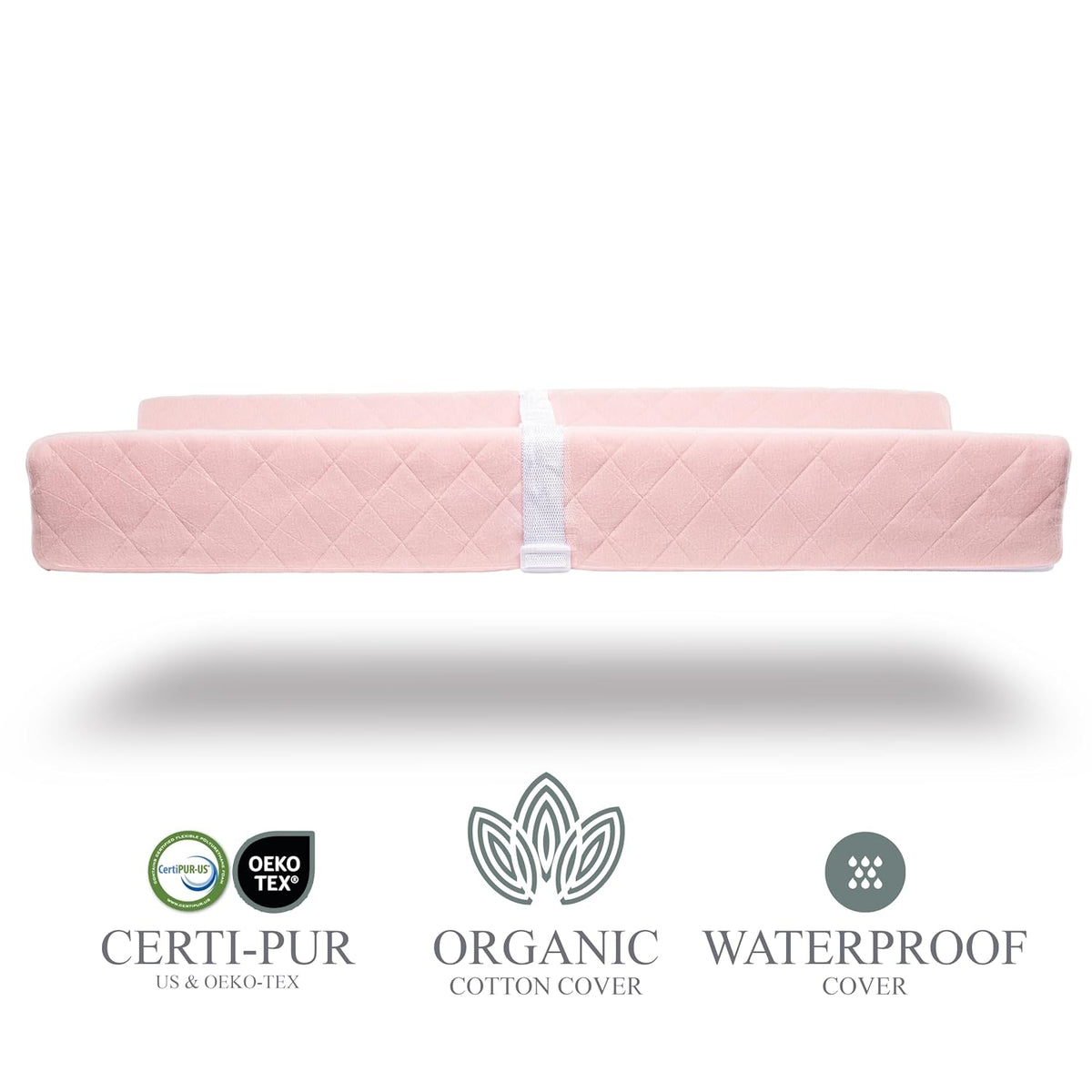 Organic Cotton Covered Contoured Baby Changing Pad | Waterproof Foam Mattress, Soft, Removable & Washable Cover, Safety Strap, Non-Slip Bottom, Topper for Standard Size Infant Diaper Table & Dresser