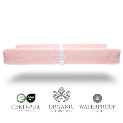 Organic Cotton Covered Contoured Baby Changing Pad | Waterproof Foam Mattress, Soft, Removable & Washable Cover, Safety Strap, Non-Slip Bottom, Topper for Standard Size Infant Diaper Table & Dresser