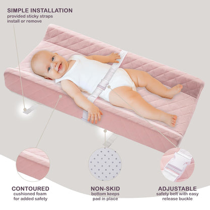 Organic Cotton Covered Contoured Baby Changing Pad | Waterproof Foam Mattress, Soft, Removable & Washable Cover, Safety Strap, Non-Slip Bottom, Topper for Standard Size Infant Diaper Table & Dresser