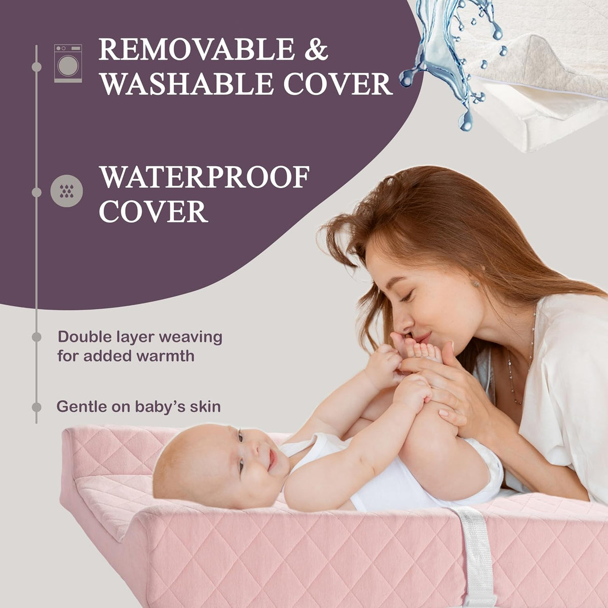 Organic Cotton Covered Contoured Baby Changing Pad | Waterproof Foam Mattress, Soft, Removable & Washable Cover, Safety Strap, Non-Slip Bottom, Topper for Standard Size Infant Diaper Table & Dresser