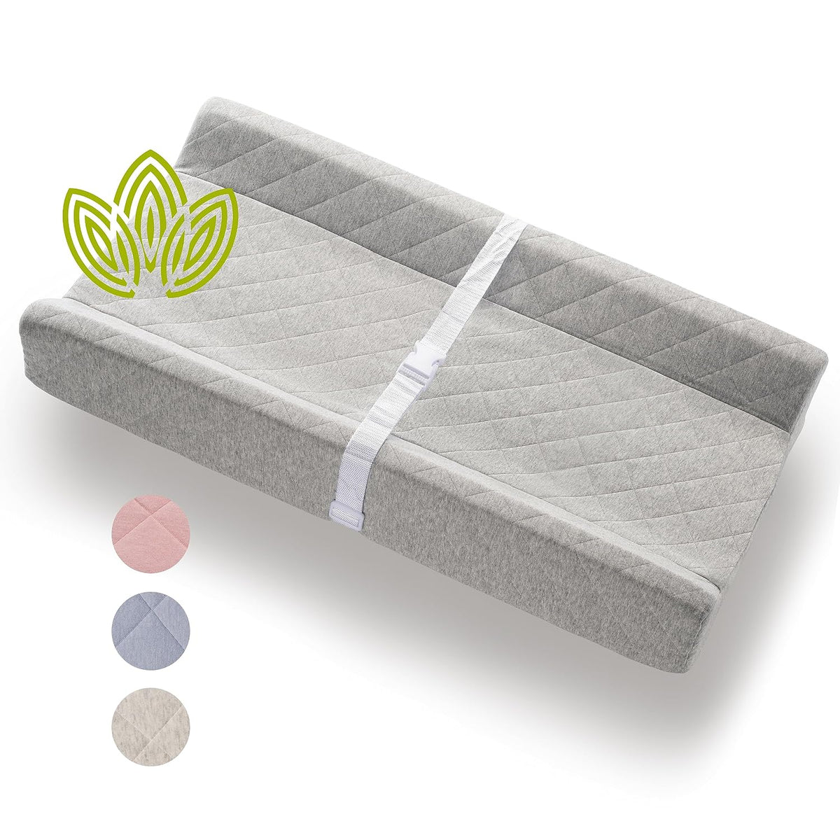 Organic Cotton Covered Contoured Baby Changing Pad | Waterproof Foam Mattress, Soft, Removable & Washable Cover, Safety Strap, Non-Slip Bottom, Topper for Standard Size Infant Diaper Table & Dresser