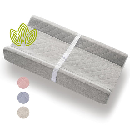 Organic Cotton Covered Contoured Baby Changing Pad | Waterproof Foam Mattress, Soft, Removable & Washable Cover, Safety Strap, Non-Slip Bottom, Topper for Standard Size Infant Diaper Table & Dresser