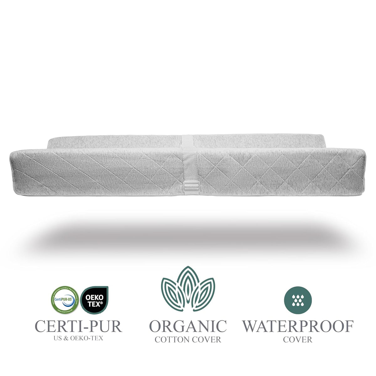 Organic Cotton Covered Contoured Baby Changing Pad | Waterproof Foam Mattress, Soft, Removable & Washable Cover, Safety Strap, Non-Slip Bottom, Topper for Standard Size Infant Diaper Table & Dresser