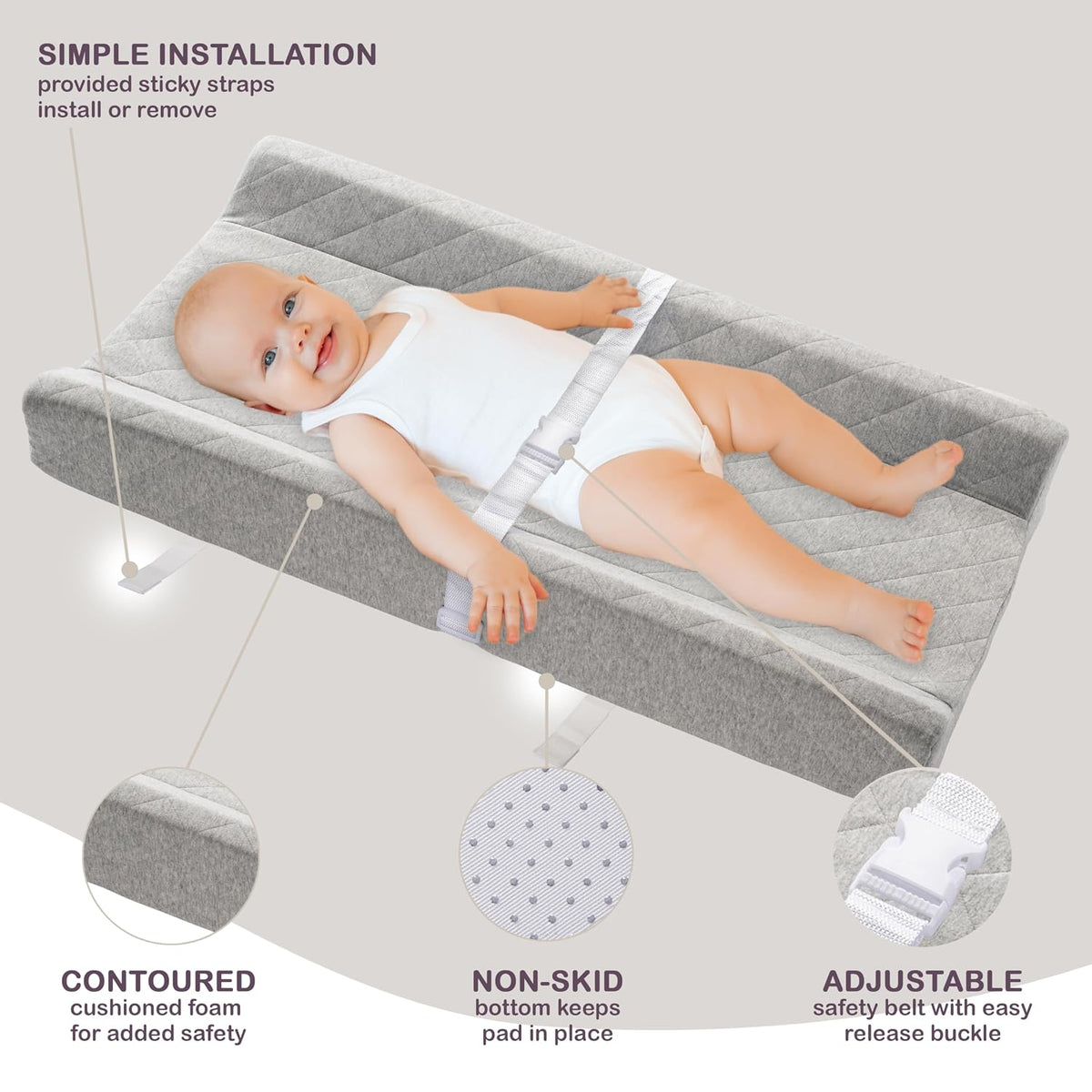 Organic Cotton Covered Contoured Baby Changing Pad | Waterproof Foam Mattress, Soft, Removable & Washable Cover, Safety Strap, Non-Slip Bottom, Topper for Standard Size Infant Diaper Table & Dresser