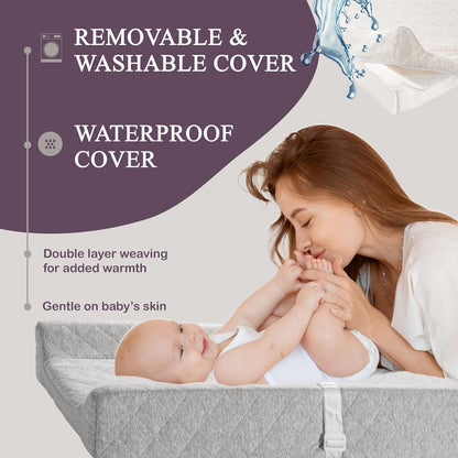 Organic Cotton Covered Contoured Baby Changing Pad | Waterproof Foam Mattress, Soft, Removable & Washable Cover, Safety Strap, Non-Slip Bottom, Topper for Standard Size Infant Diaper Table & Dresser