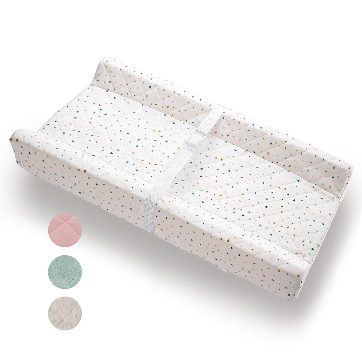 Organic Cotton Covered Contoured Baby Changing Pad | Waterproof Foam Mattress, Soft, Removable & Washable Cover, Safety Strap, Non-Slip Bottom, Topper for Standard Size Infant Diaper Table & Dresser