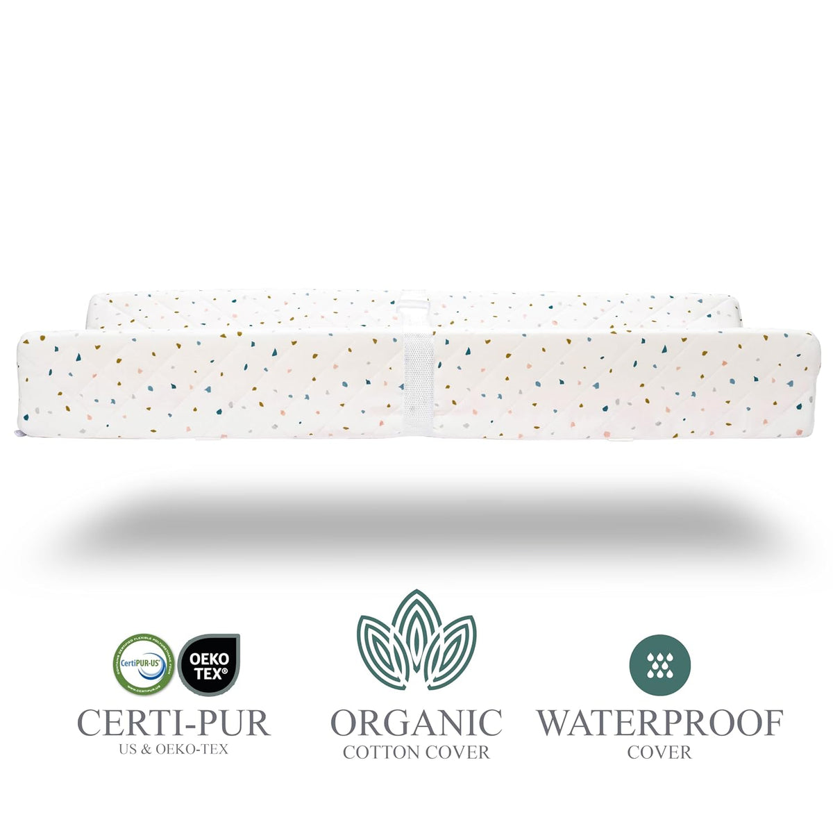 Organic Cotton Covered Contoured Baby Changing Pad | Waterproof Foam Mattress, Soft, Removable & Washable Cover, Safety Strap, Non-Slip Bottom, Topper for Standard Size Infant Diaper Table & Dresser