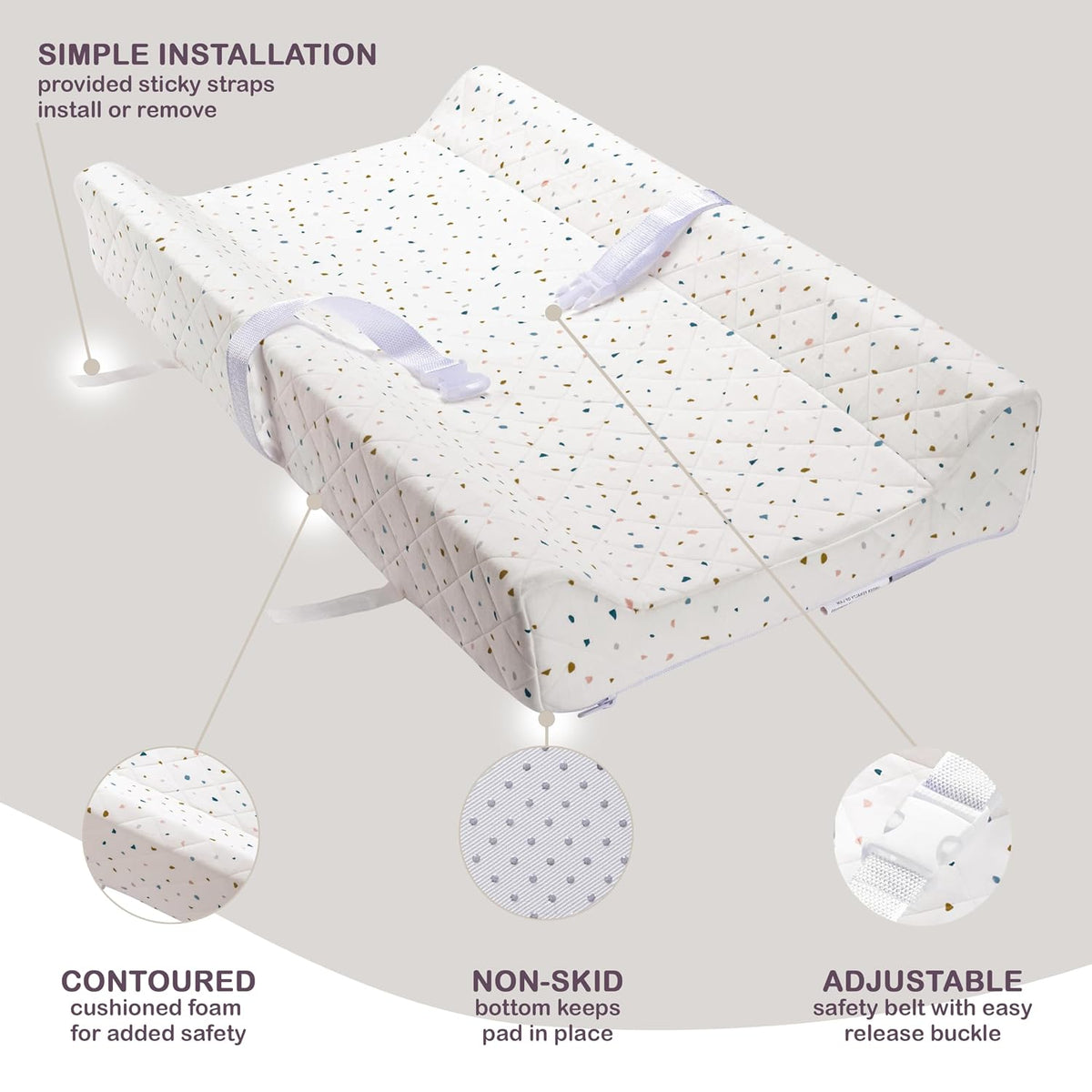 Organic Cotton Covered Contoured Baby Changing Pad | Waterproof Foam Mattress, Soft, Removable & Washable Cover, Safety Strap, Non-Slip Bottom, Topper for Standard Size Infant Diaper Table & Dresser
