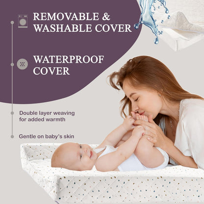 Organic Cotton Covered Contoured Baby Changing Pad | Waterproof Foam Mattress, Soft, Removable & Washable Cover, Safety Strap, Non-Slip Bottom, Topper for Standard Size Infant Diaper Table & Dresser