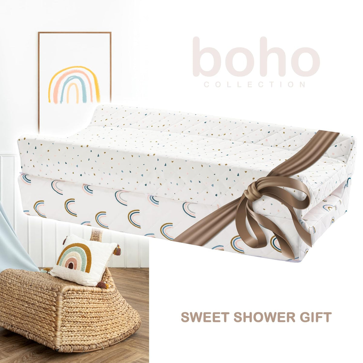Organic Cotton Covered Contoured Baby Changing Pad | Waterproof Foam Mattress, Soft, Removable & Washable Cover, Safety Strap, Non-Slip Bottom, Topper for Standard Size Infant Diaper Table & Dresser