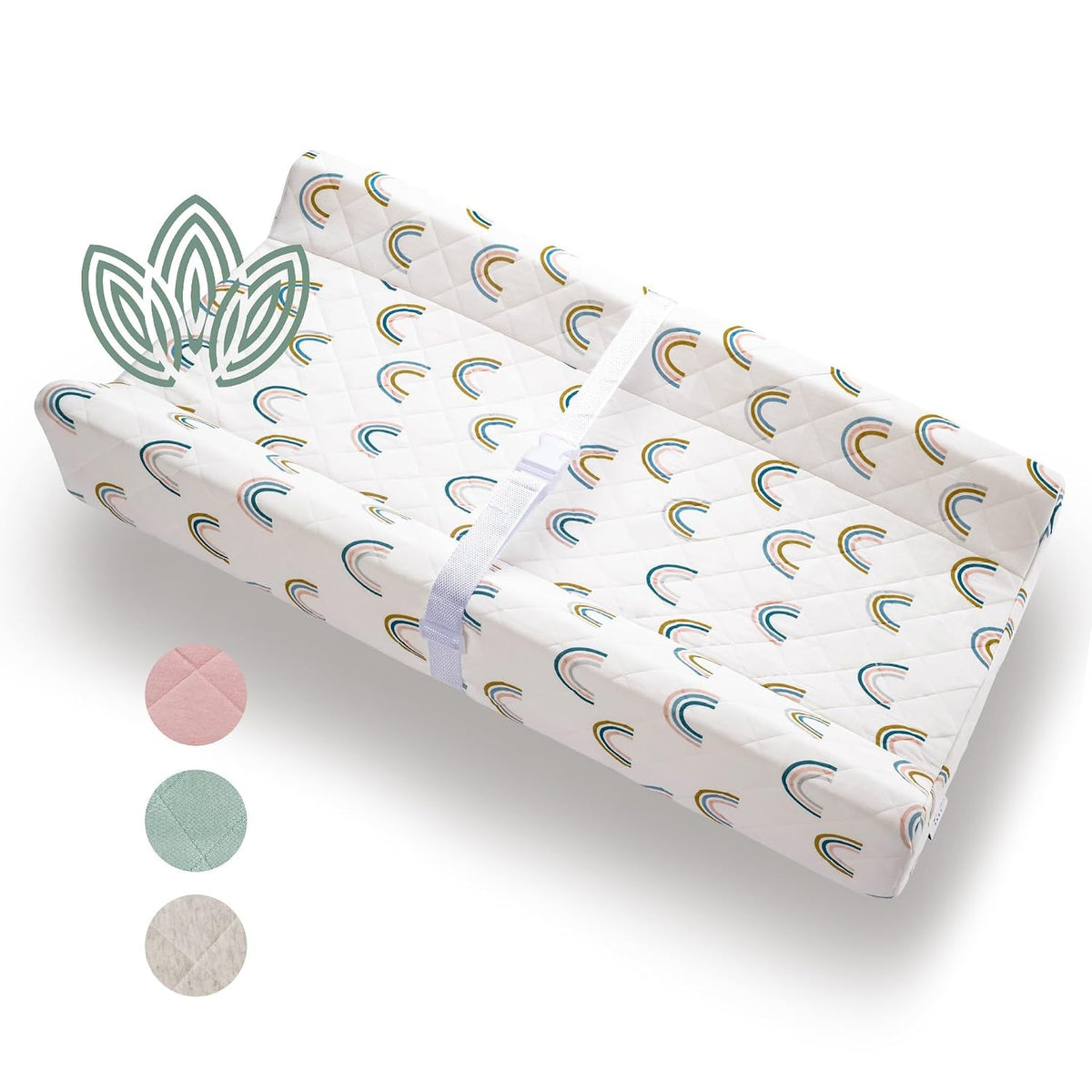 Organic Cotton Covered Contoured Baby Changing Pad | Waterproof Foam Mattress, Soft, Removable & Washable Cover, Safety Strap, Non-Slip Bottom, Topper for Standard Size Infant Diaper Table & Dresser