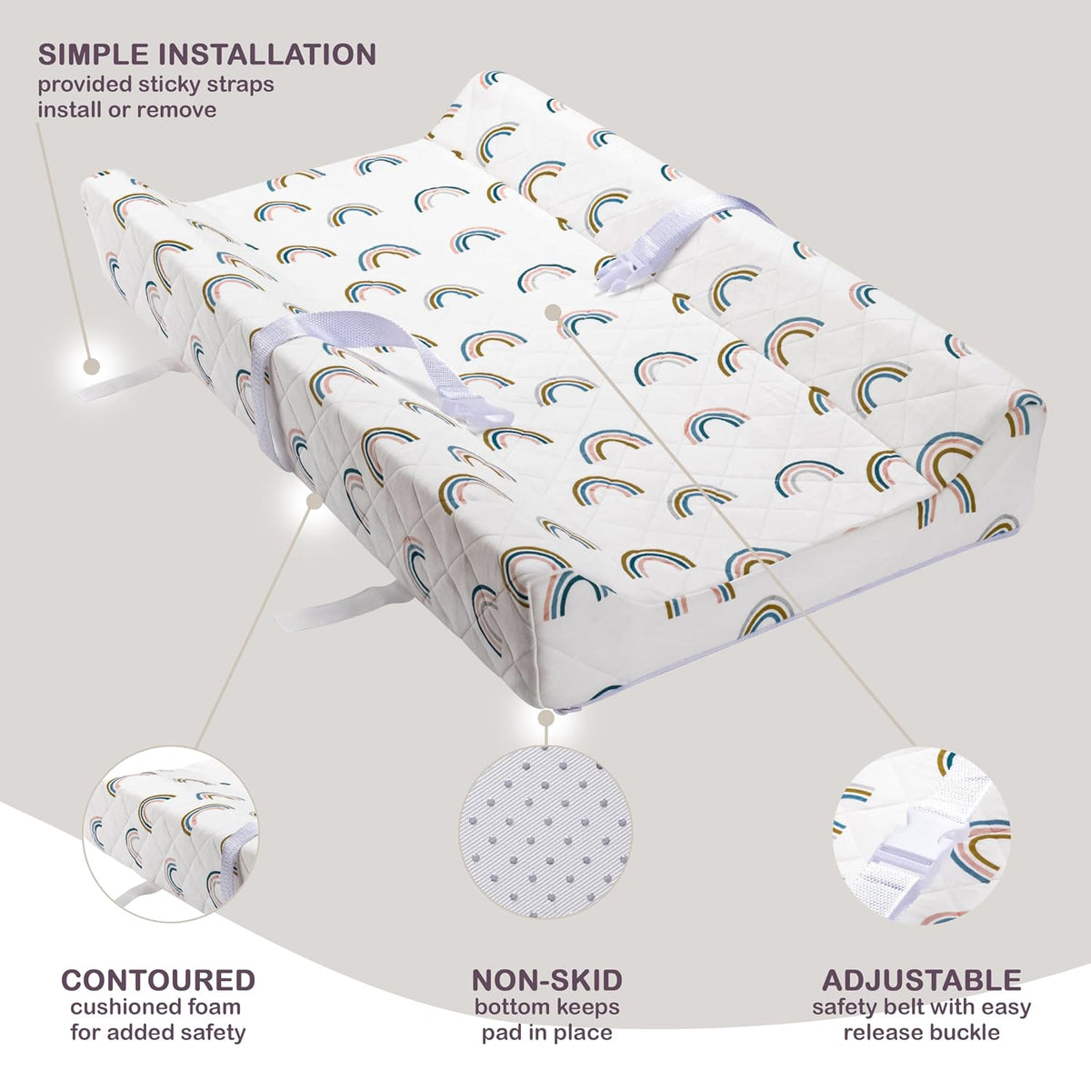 Organic Cotton Covered Contoured Baby Changing Pad | Waterproof Foam Mattress, Soft, Removable & Washable Cover, Safety Strap, Non-Slip Bottom, Topper for Standard Size Infant Diaper Table & Dresser