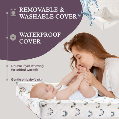 Organic Cotton Covered Contoured Baby Changing Pad | Waterproof Foam Mattress, Soft, Removable & Washable Cover, Safety Strap, Non-Slip Bottom, Topper for Standard Size Infant Diaper Table & Dresser
