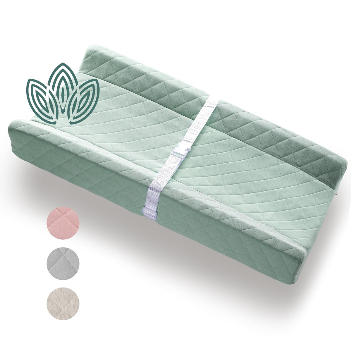 Organic Cotton Covered Contoured Baby Changing Pad | Waterproof Foam Mattress, Soft, Removable & Washable Cover, Safety Strap, Non-Slip Bottom, Topper for Standard Size Infant Diaper Table & Dresser