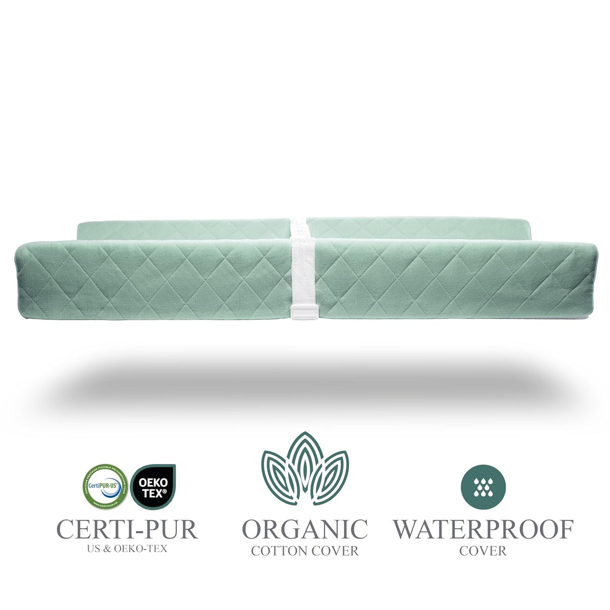Organic Cotton Covered Contoured Baby Changing Pad | Waterproof Foam Mattress, Soft, Removable & Washable Cover, Safety Strap, Non-Slip Bottom, Topper for Standard Size Infant Diaper Table & Dresser