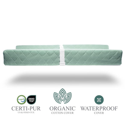 Organic Cotton Covered Contoured Baby Changing Pad | Waterproof Foam Mattress, Soft, Removable & Washable Cover, Safety Strap, Non-Slip Bottom, Topper for Standard Size Infant Diaper Table & Dresser