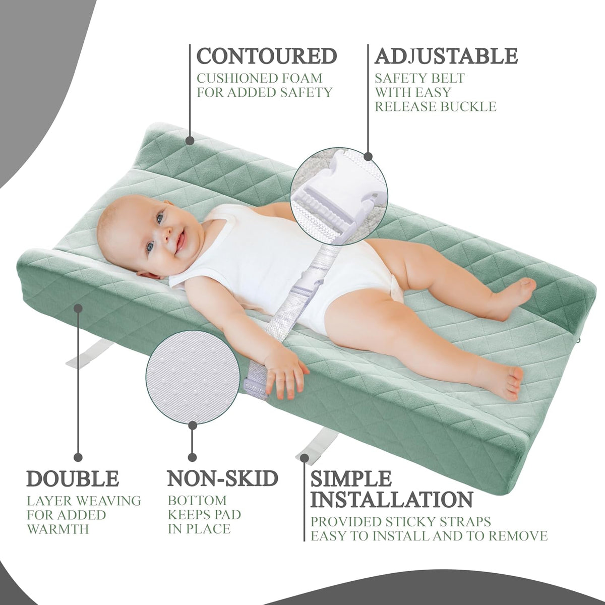 Organic Cotton Covered Contoured Baby Changing Pad | Waterproof Foam Mattress, Soft, Removable & Washable Cover, Safety Strap, Non-Slip Bottom, Topper for Standard Size Infant Diaper Table & Dresser