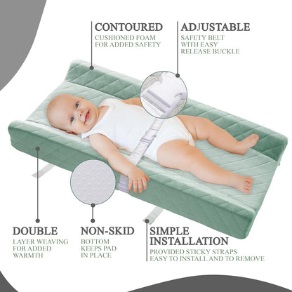 Organic Cotton Covered Contoured Baby Changing Pad | Waterproof Foam Mattress, Soft, Removable & Washable Cover, Safety Strap, Non-Slip Bottom, Topper for Standard Size Infant Diaper Table & Dresser