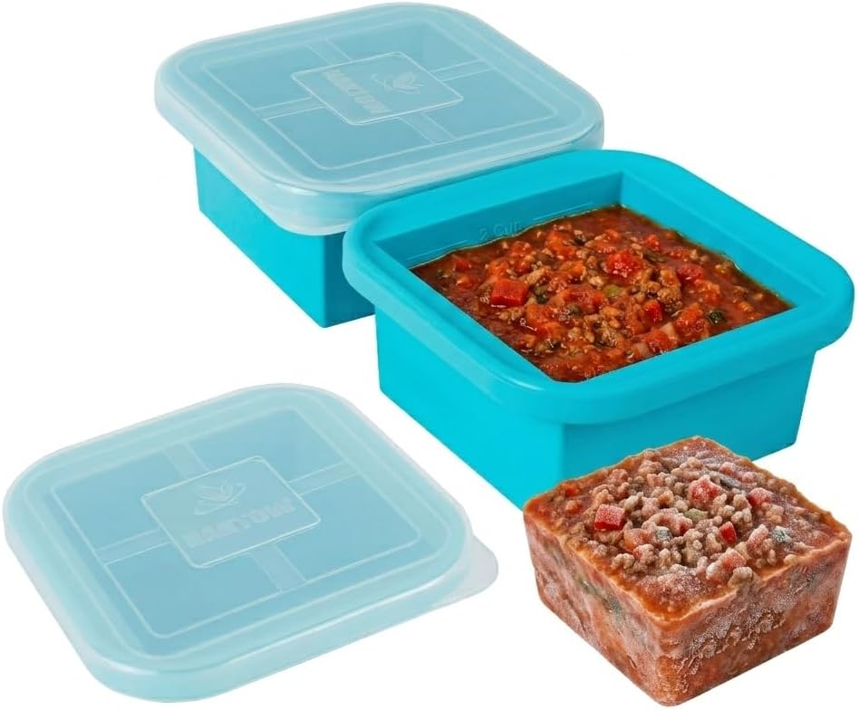 Silicone Freezing Tray with Lid - 2-Cup Freezer Containers,Make 1 Perfect Freezing,Storing Soups, Foods, Stews, Dips or Sauces Simple and Convenient Color Aqua