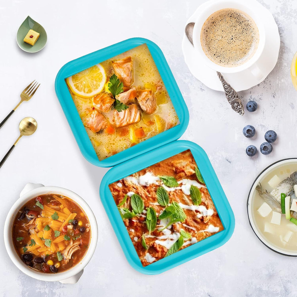 Silicone Freezing Tray with Lid - 2-Cup Freezer Containers,Make 1 Perfect Freezing,Storing Soups, Foods, Stews, Dips or Sauces Simple and Convenient Color Aqua