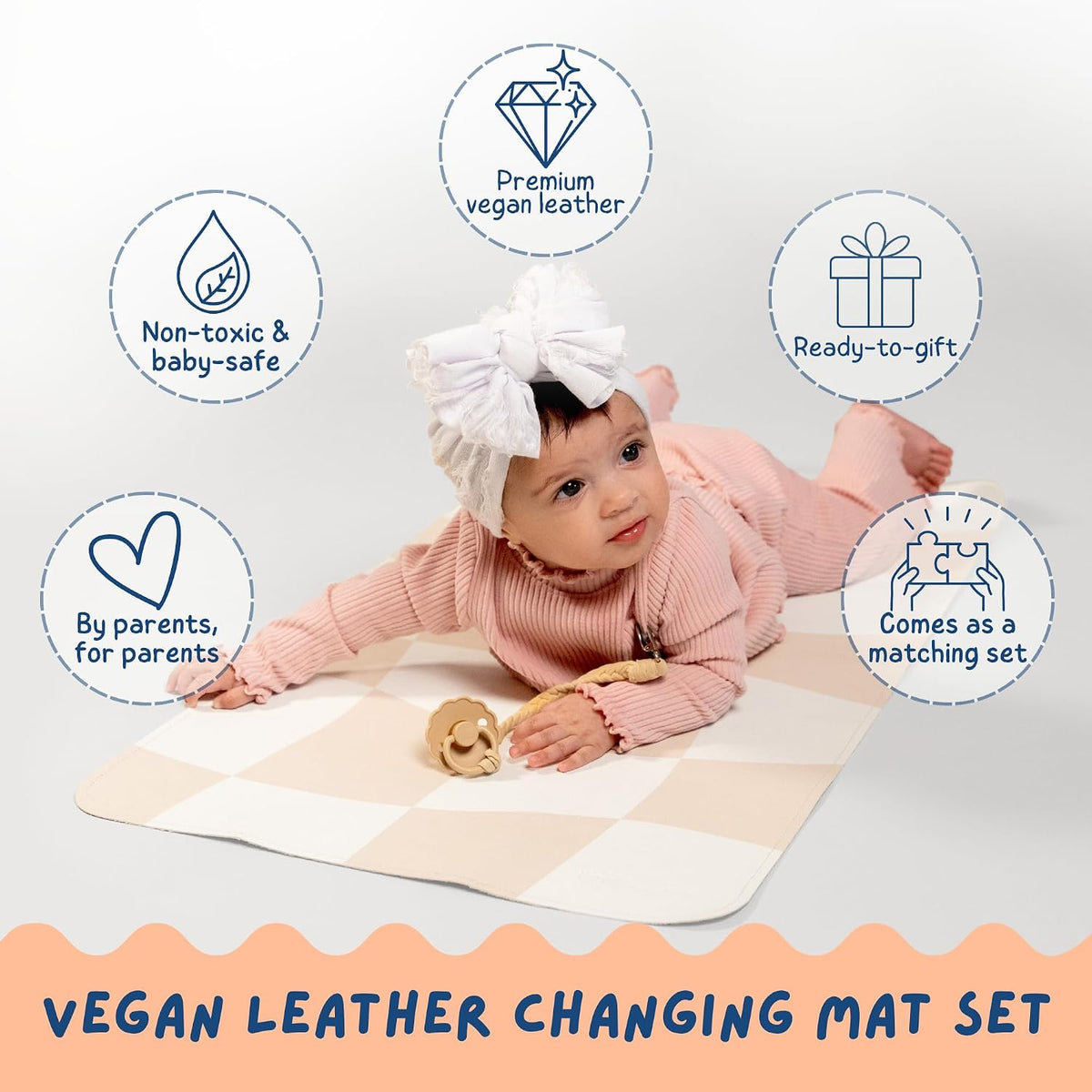 Portable Changing Mat with Reusable Waterproof Wet Bag, (16 x 30 Inches) Baby Changing Mat, Non-Toxic Changing Pad Portable Folds and Wipes Clean, Baby Changing Pad Travel (Checkered)