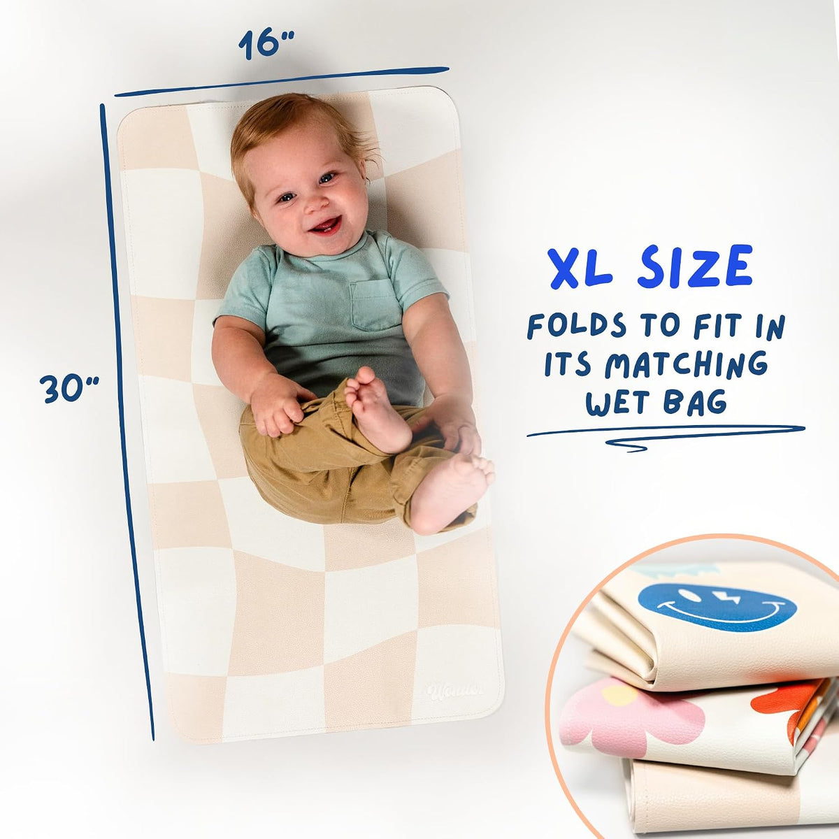 Portable Changing Mat with Reusable Waterproof Wet Bag, (16 x 30 Inches) Baby Changing Mat, Non-Toxic Changing Pad Portable Folds and Wipes Clean, Baby Changing Pad Travel (Checkered)