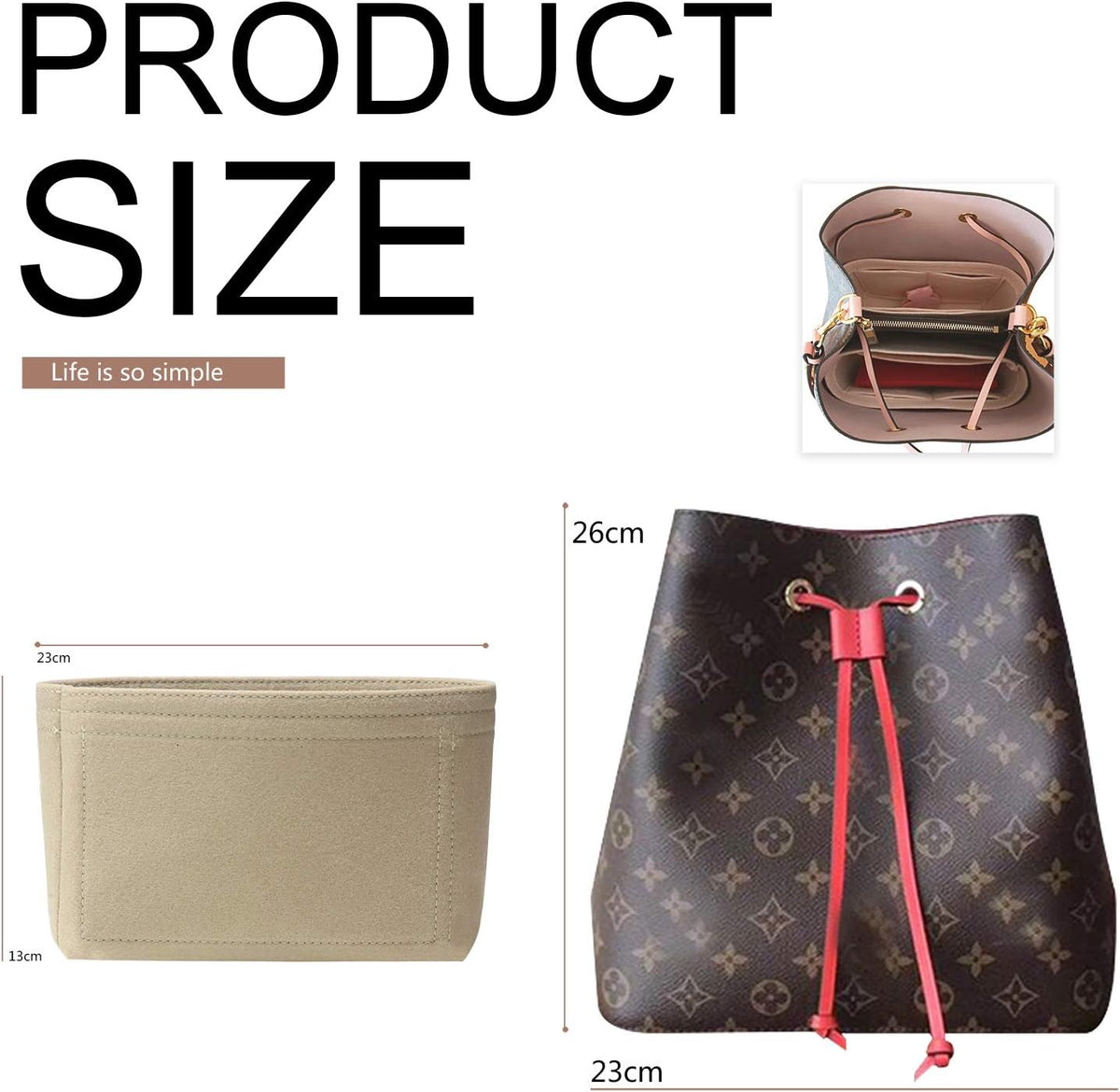 Bag Organizer, Bag Shaper Purse Insert Felt Organizer Fit in NeoNoe Noé and other Bucket Bags - red