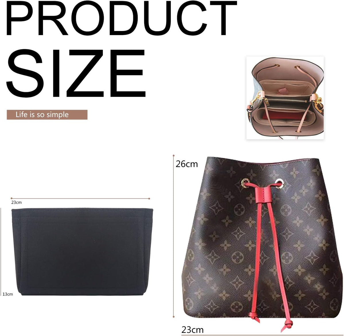 Bag Organizer, Bag Shaper Purse Insert Felt Organizer Fit in NeoNoe Noé and other Bucket Bags - red