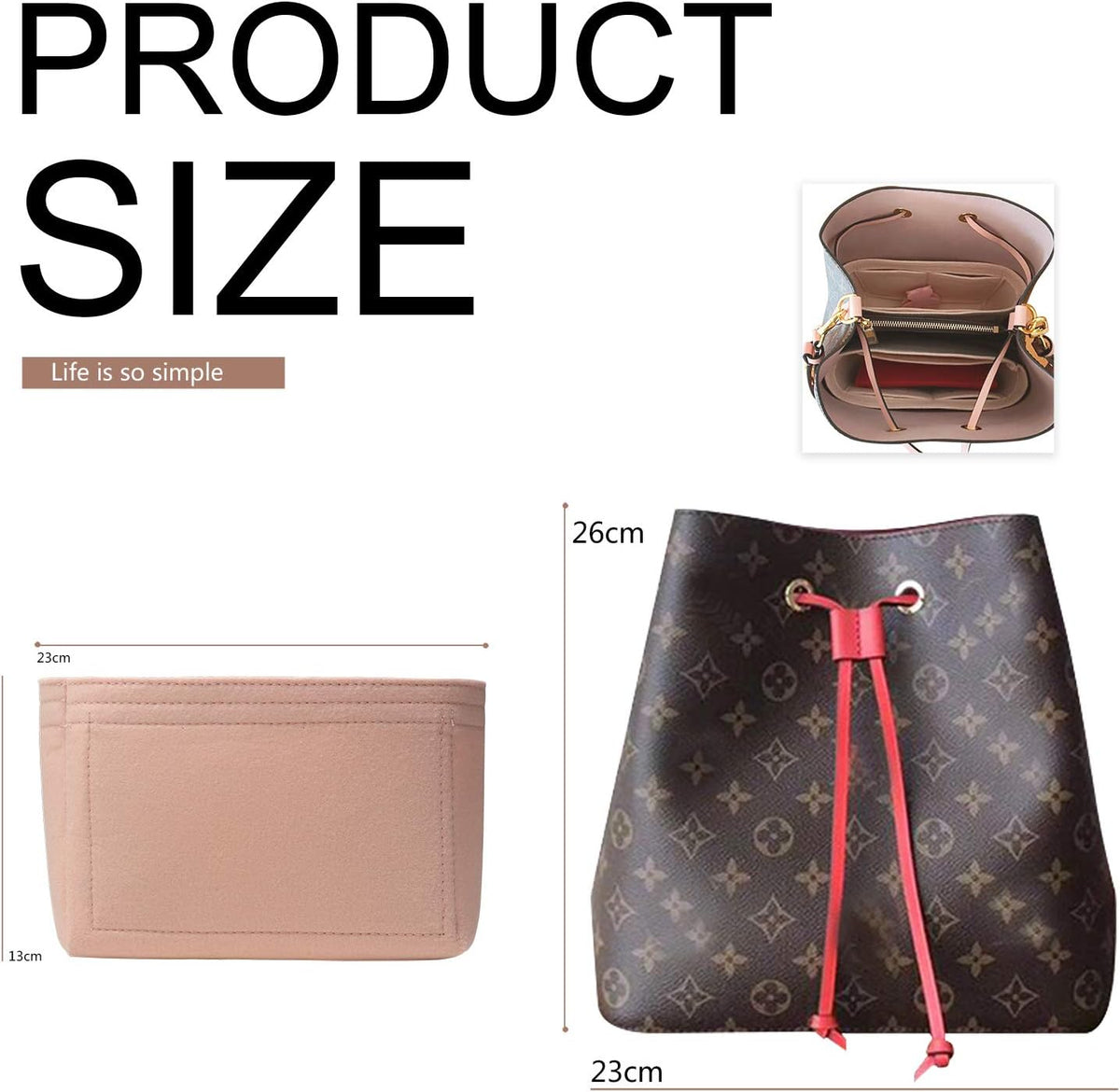 Bag Organizer, Bag Shaper Purse Insert Felt Organizer Fit in NeoNoe Noé and other Bucket Bags - red