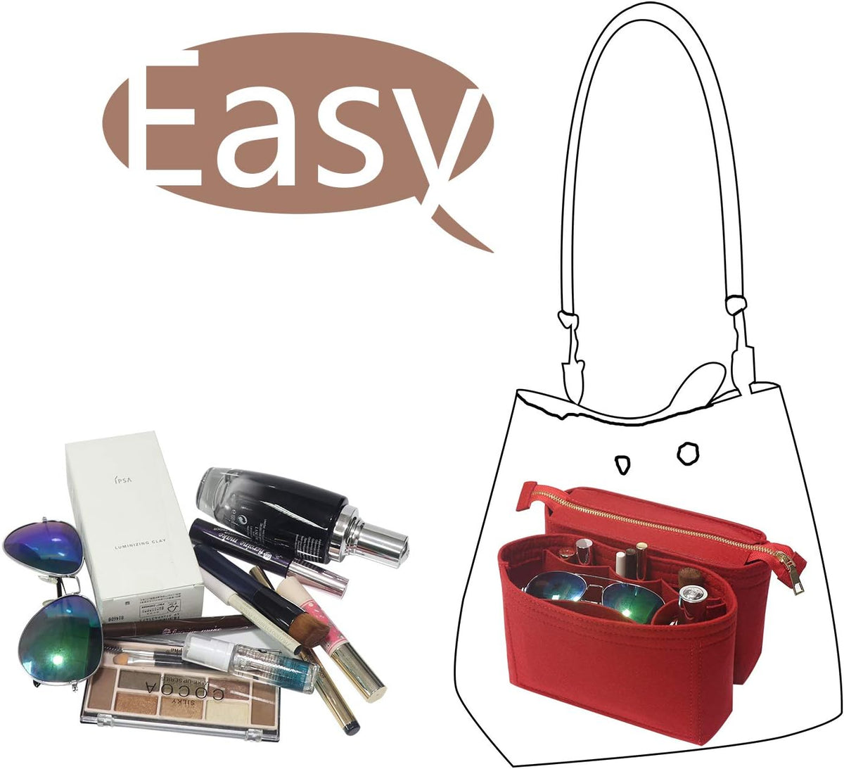 Bag Organizer, Bag Shaper Purse Insert Felt Organizer Fit in NeoNoe Noé and other Bucket Bags - red