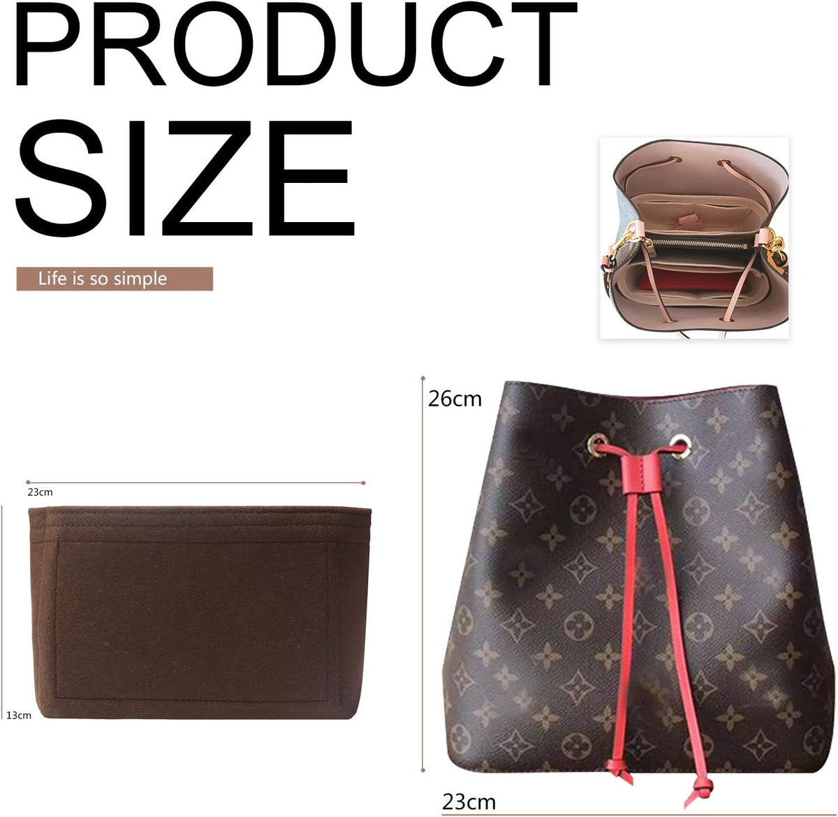 Bag Organizer, Bag Shaper Purse Insert Felt Organizer Fit in NeoNoe Noé and other Bucket Bags - red
