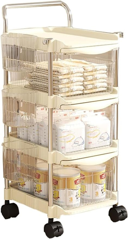 Baby Diaper Caddy Cart Organizer - Plastic Movable Cart Drawers with Hanging Basket, Rolling Utility Diaper Storage Caddy Organizer for Changing Table & Crib, Nursery, Bedroom (4 Tier)