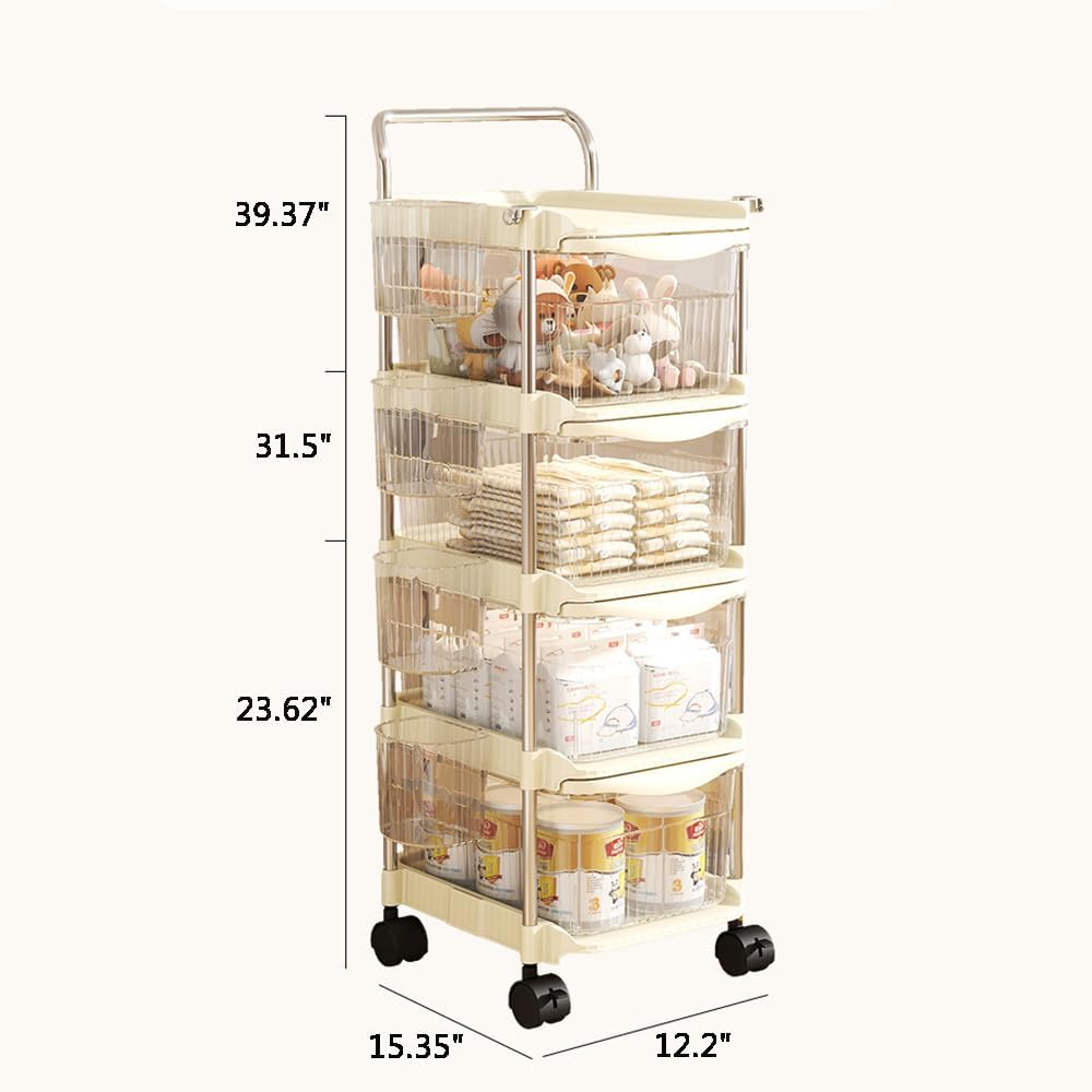 Baby Diaper Caddy Cart Organizer - Plastic Movable Cart Drawers with Hanging Basket, Rolling Utility Diaper Storage Caddy Organizer for Changing Table & Crib, Nursery, Bedroom (4 Tier)