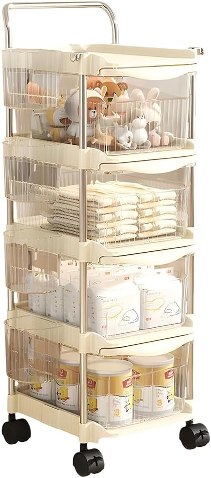 Baby Diaper Caddy Cart Organizer - Plastic Movable Cart Drawers with Hanging Basket, Rolling Utility Diaper Storage Caddy Organizer for Changing Table & Crib, Nursery, Bedroom (4 Tier)