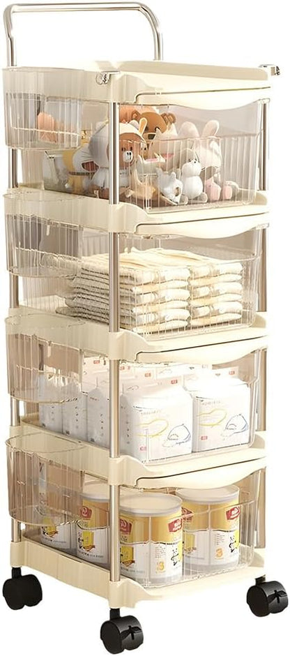 Baby Diaper Caddy Cart Organizer - Plastic Movable Cart Drawers with Hanging Basket, Rolling Utility Diaper Storage Caddy Organizer for Changing Table & Crib, Nursery, Bedroom (4 Tier)