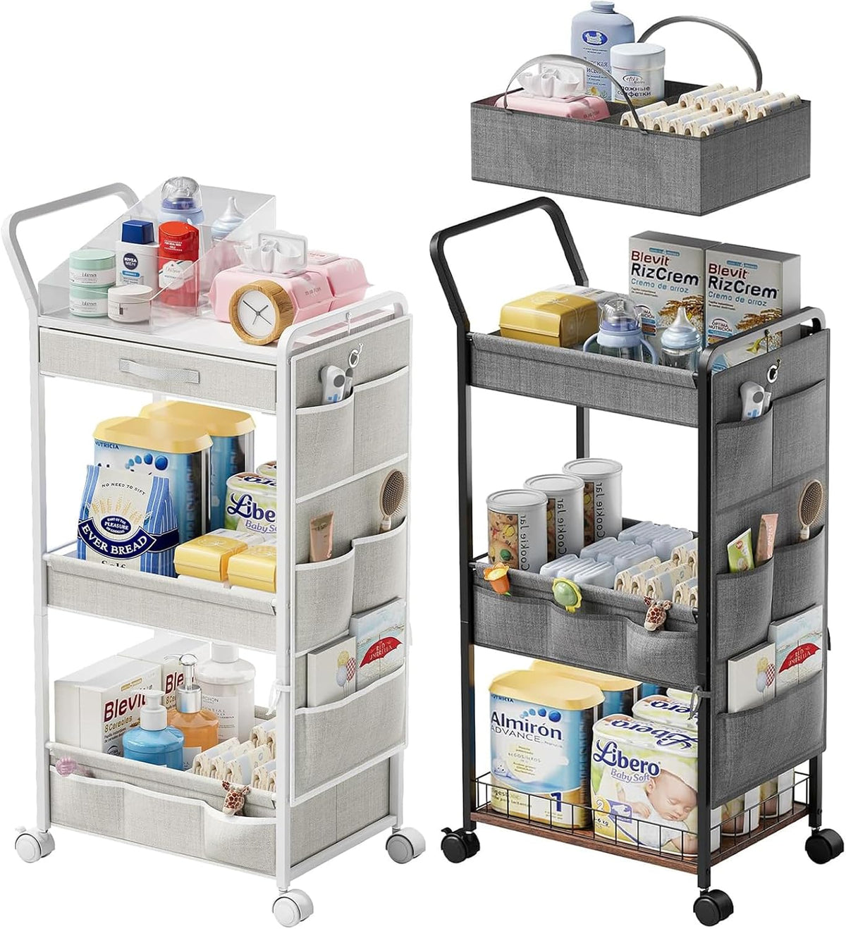 3-Tier Diaper Caddy Cart Organizer - Rolling Baby Cart with Drawer, Side Pockets and Basket, Multi-Function Utility Cart for Nursery, Bedroom, Bathroom, Mobile Diaper Organizer for Baby