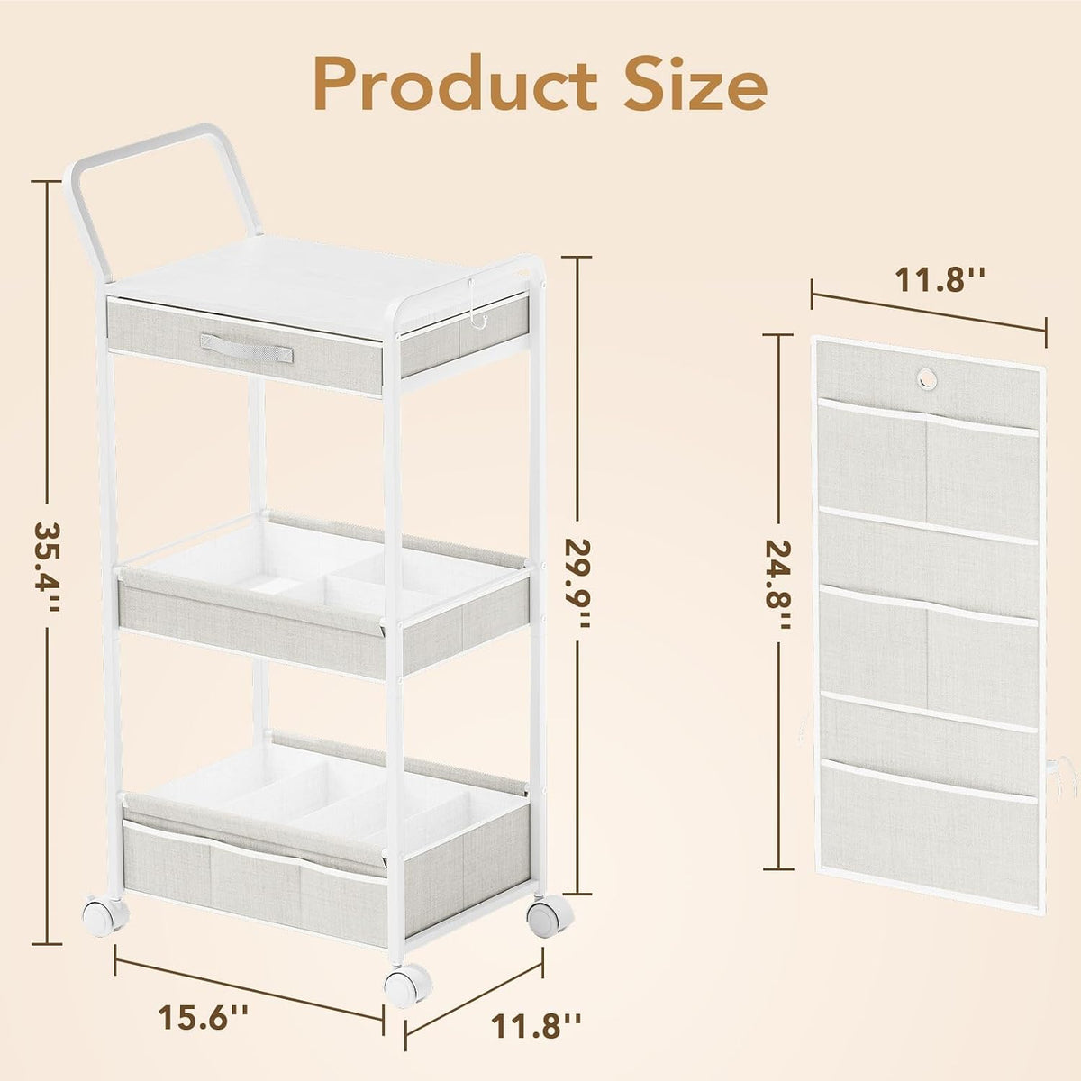 3-Tier Diaper Caddy Cart Organizer - Rolling Baby Cart with Drawer, Side Pockets and Basket, Multi-Function Utility Cart for Nursery, Bedroom, Bathroom, Mobile Diaper Organizer for Baby