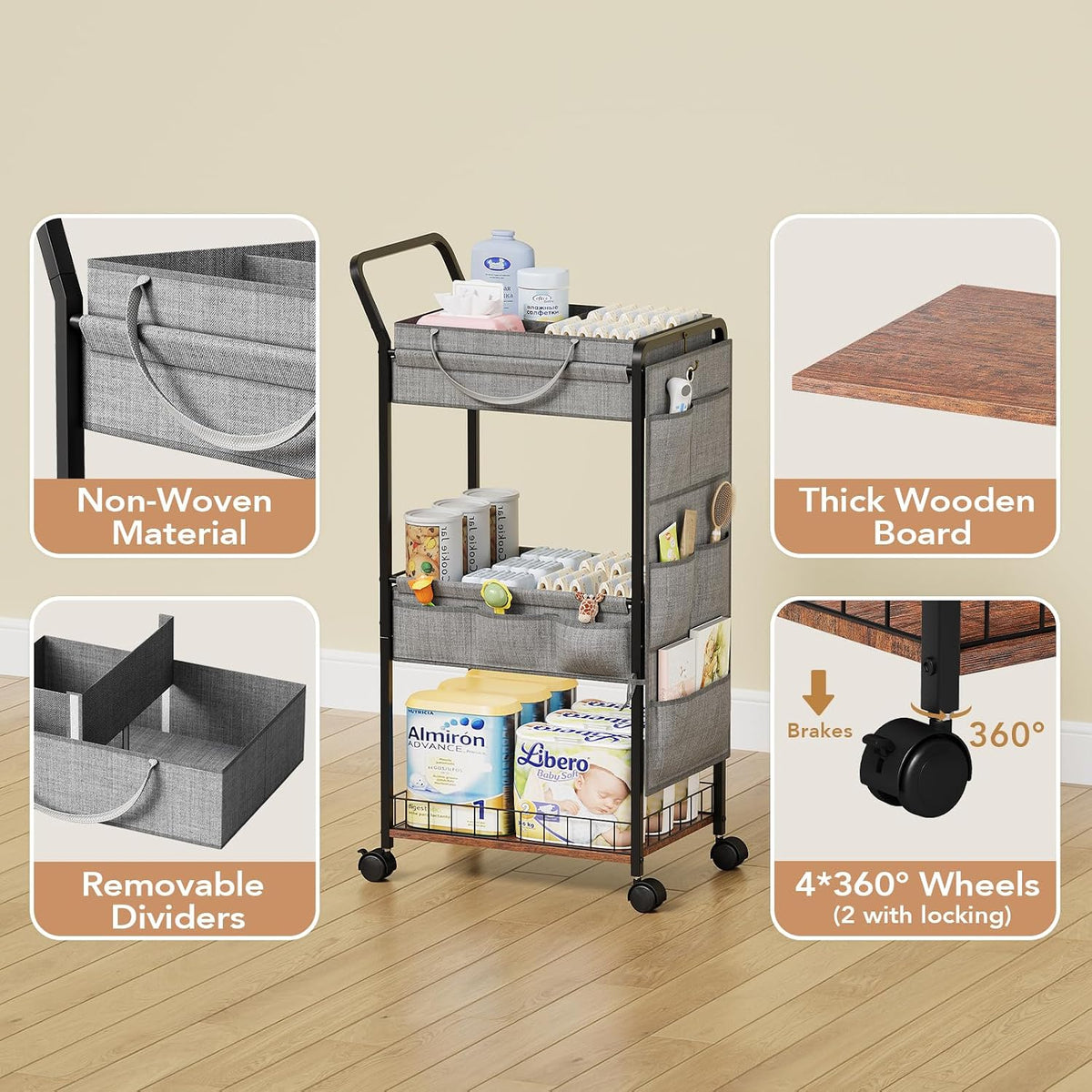 3-Tier Diaper Caddy Cart Organizer - Rolling Baby Cart with Drawer, Side Pockets and Basket, Multi-Function Utility Cart for Nursery, Bedroom, Bathroom, Mobile Diaper Organizer for Baby