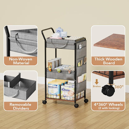 3-Tier Diaper Caddy Cart Organizer - Rolling Baby Cart with Drawer, Side Pockets and Basket, Multi-Function Utility Cart for Nursery, Bedroom, Bathroom, Mobile Diaper Organizer for Baby
