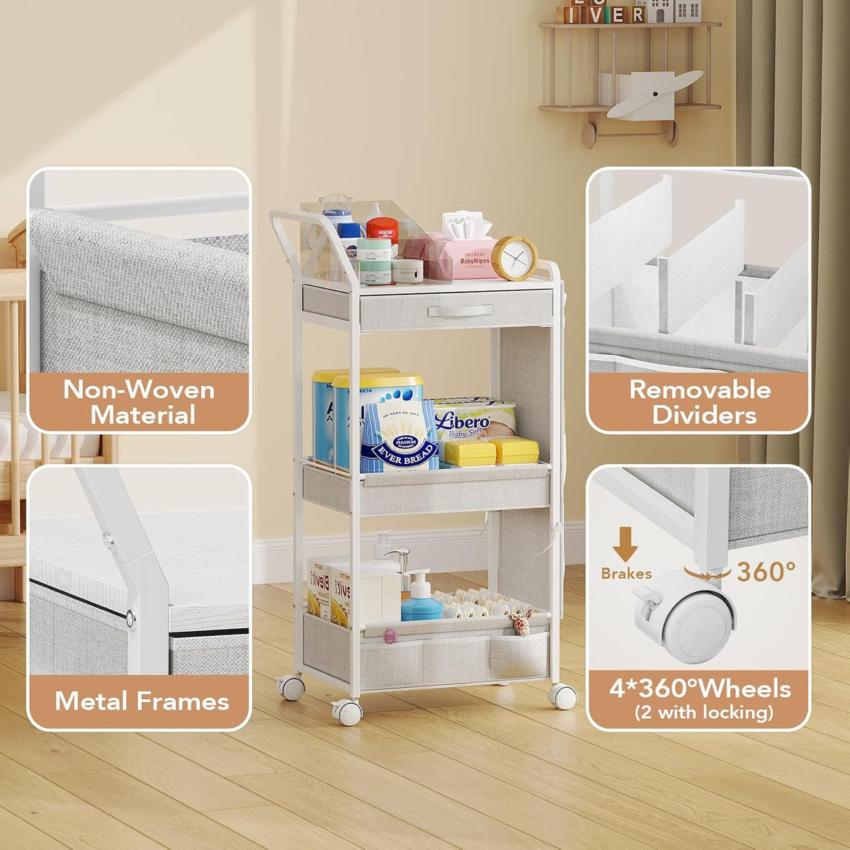 3-Tier Diaper Caddy Cart Organizer - Rolling Baby Cart with Drawer, Side Pockets and Basket, Multi-Function Utility Cart for Nursery, Bedroom, Bathroom, Mobile Diaper Organizer for Baby