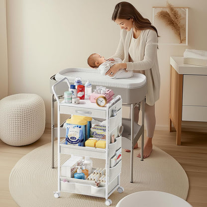 3-Tier Diaper Caddy Cart Organizer - Rolling Baby Cart with Drawer, Side Pockets and Basket, Multi-Function Utility Cart for Nursery, Bedroom, Bathroom, Mobile Diaper Organizer for Baby