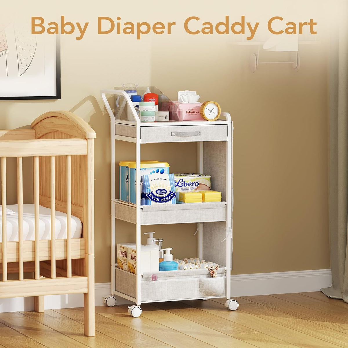 3-Tier Diaper Caddy Cart Organizer - Rolling Baby Cart with Drawer, Side Pockets and Basket, Multi-Function Utility Cart for Nursery, Bedroom, Bathroom, Mobile Diaper Organizer for Baby